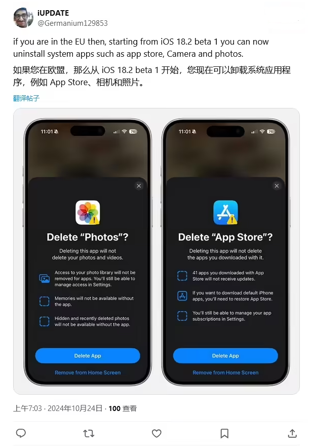 河东苹果手机维修分享iOS 18.2 支持删除 App Store 应用商店 